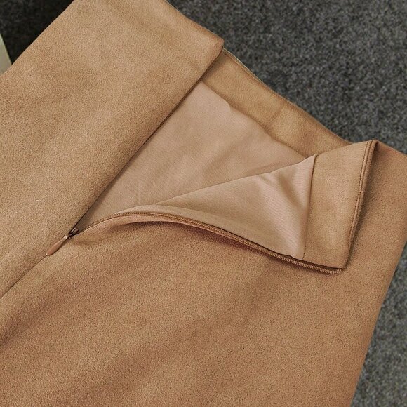 Khaki Casual Women's Faux Deerskin Velvet With Zipper Back Slit Skirt - Picture 3 of 7